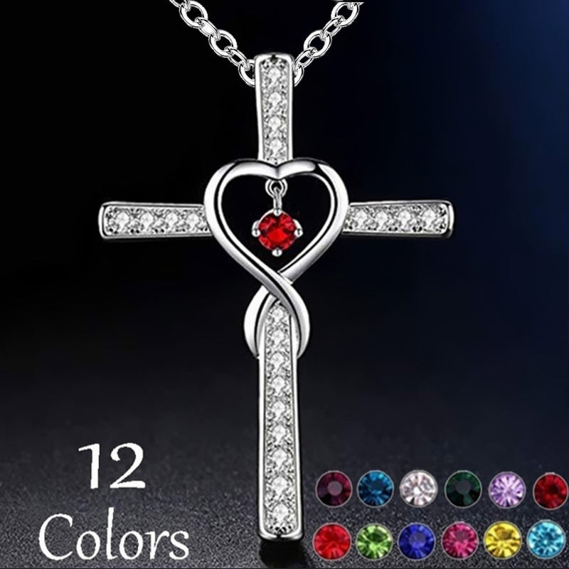 Infinity Love God We Trust Christian Cross Birthstone Crystal Pendant Necklace Colour Gems Zircon Heart Necklace Women Jewelry touchydesign