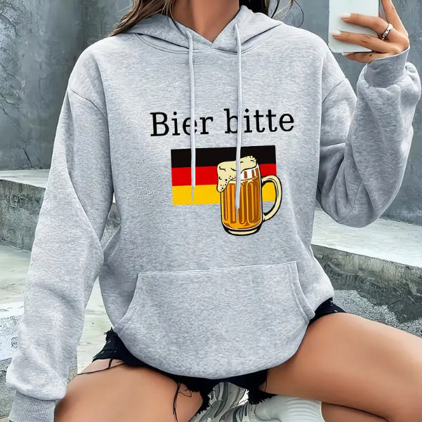 "Printed European and American fleece hooded sweatshirt in cozy fabric, perfect for casual wear, featuring stylish design and warm comfort."