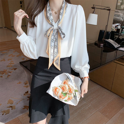 Professional Shirt Women''s Autumn Dress Long Sleeve Bow Ribbon Bubble Sleeve touchydesign