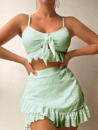 Three-Piece Beach Bikini, Hip-hugging Skirt Fashion Ruffle Design Swimsuit Set Summer Womens Clothing