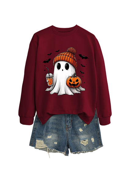 Fashionable long sleeve crew neck sweatshirt in milk tea color with pumpkin and bat print, perfect for fall and Halloween.