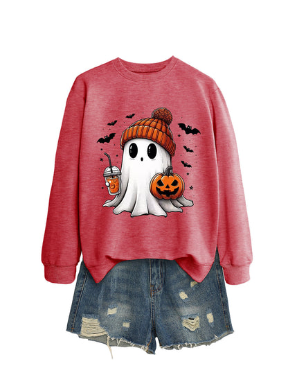 Fashionable long sleeve crew neck sweatshirt in milk tea color with pumpkin and bat print, perfect for fall and Halloween.