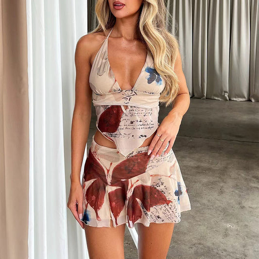 Two piece Printed Suit Summer Sexy V-neck Halter Top And Pleated Short Skirt Women's Dress Set Clothing touchydesign