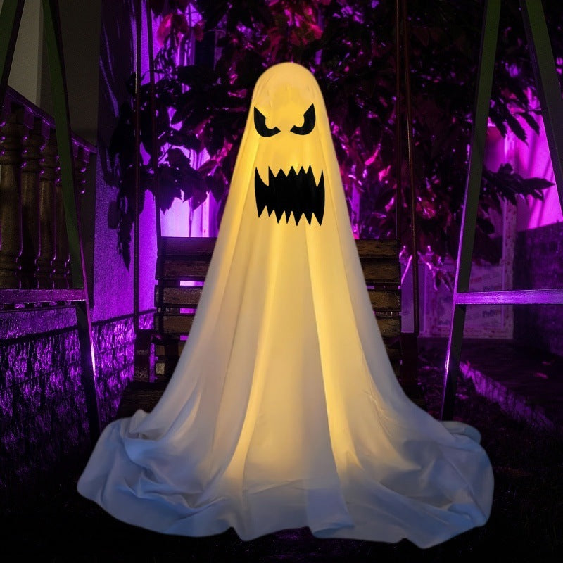 "Ghost Halloween decorations for front porch and courtyard, spooky outdoor decor, haunting ghost figures, Halloween yard decorations, eerie Halloween setup."