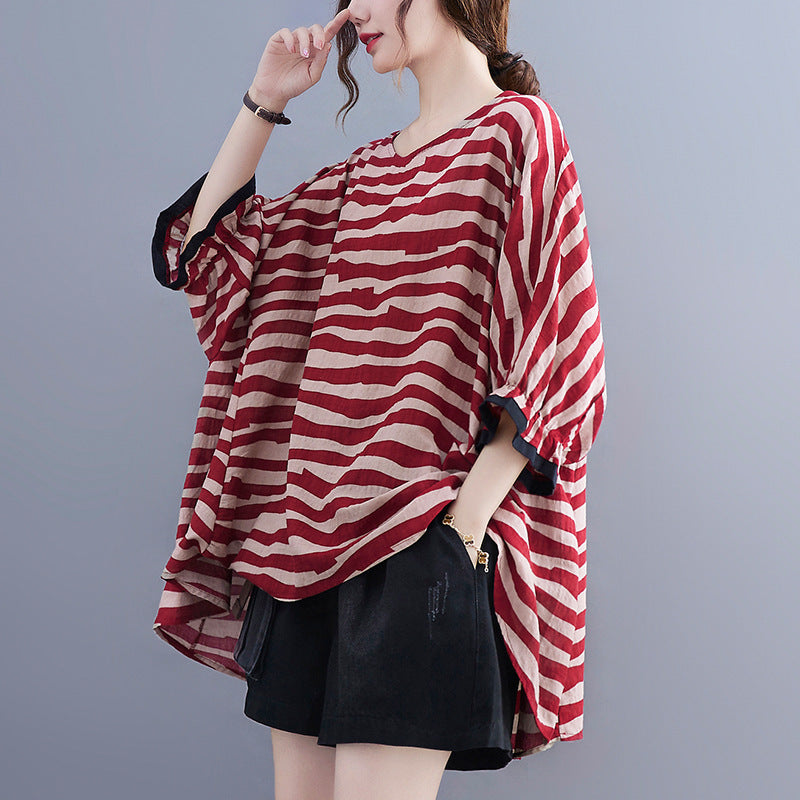 Summer Women's Loose Plus Size Striped Batwing Sleeve T-shirt