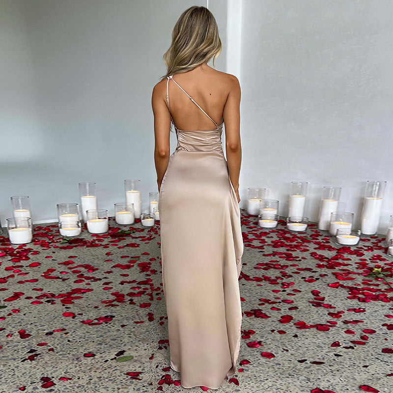 "Sexy One-Shoulder Backless Slit Dress in Satin for Women - Elegant Slim-Fit Summer Evening Wear"