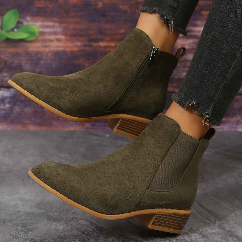 Pointed suede single shoes for women with an elastic band and thick heel, offering a stylish and comfortable design for casual wear.