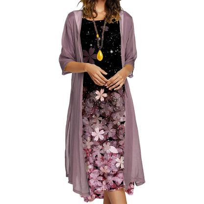 Women's Dress Two-piece Set Flowers And Plants Printed Round Neck Dress And Coat