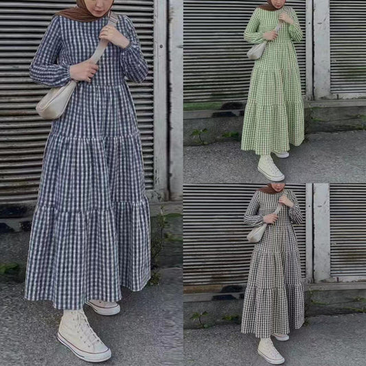 Middle East Plaid Long Sleeve Elastic Sleeve Round Neck Loose Waist Casual Dress touchydesign