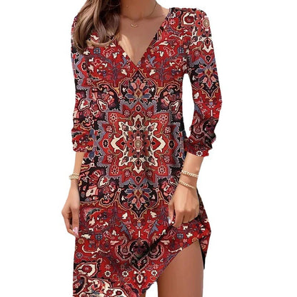 V-neck Vintage Floral Print Long Sleeves Slim Temperament Dress