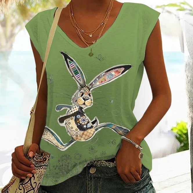 Casual Loose Floral Easter Bunny Print Sleeveless T-shirt