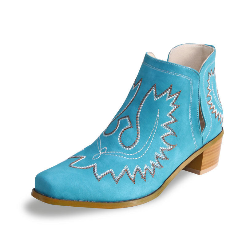 New pointed embroidered chunky heel women's pointed-toe short tube boots, featuring a stylish design with intricate embroidery and a bold, fashionable look."