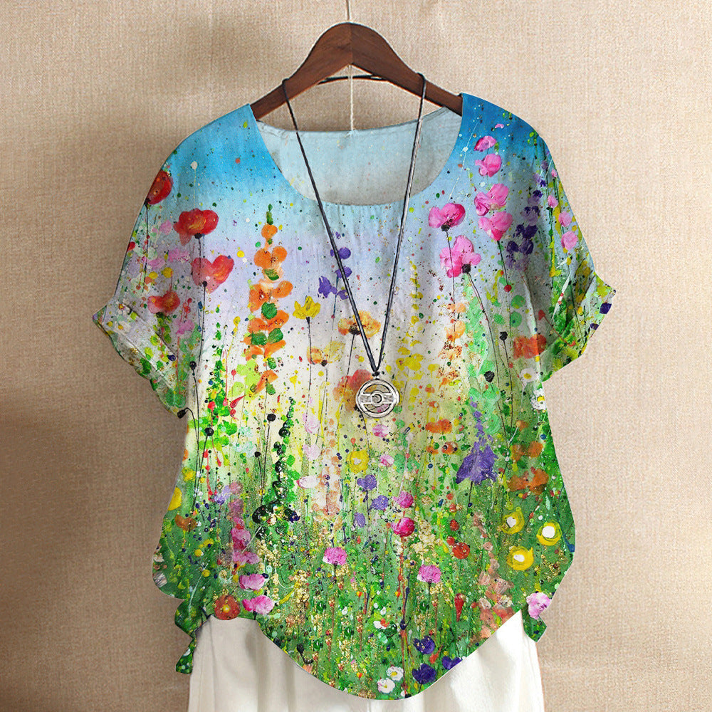 Short-sleeved T-shirt Flower And Plant Painting Printed Women's Loose Top