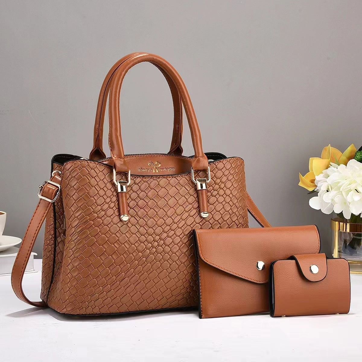 Woven Texture Three-piece Set Large Capacity One Shoulder Combination Bags touchydesign