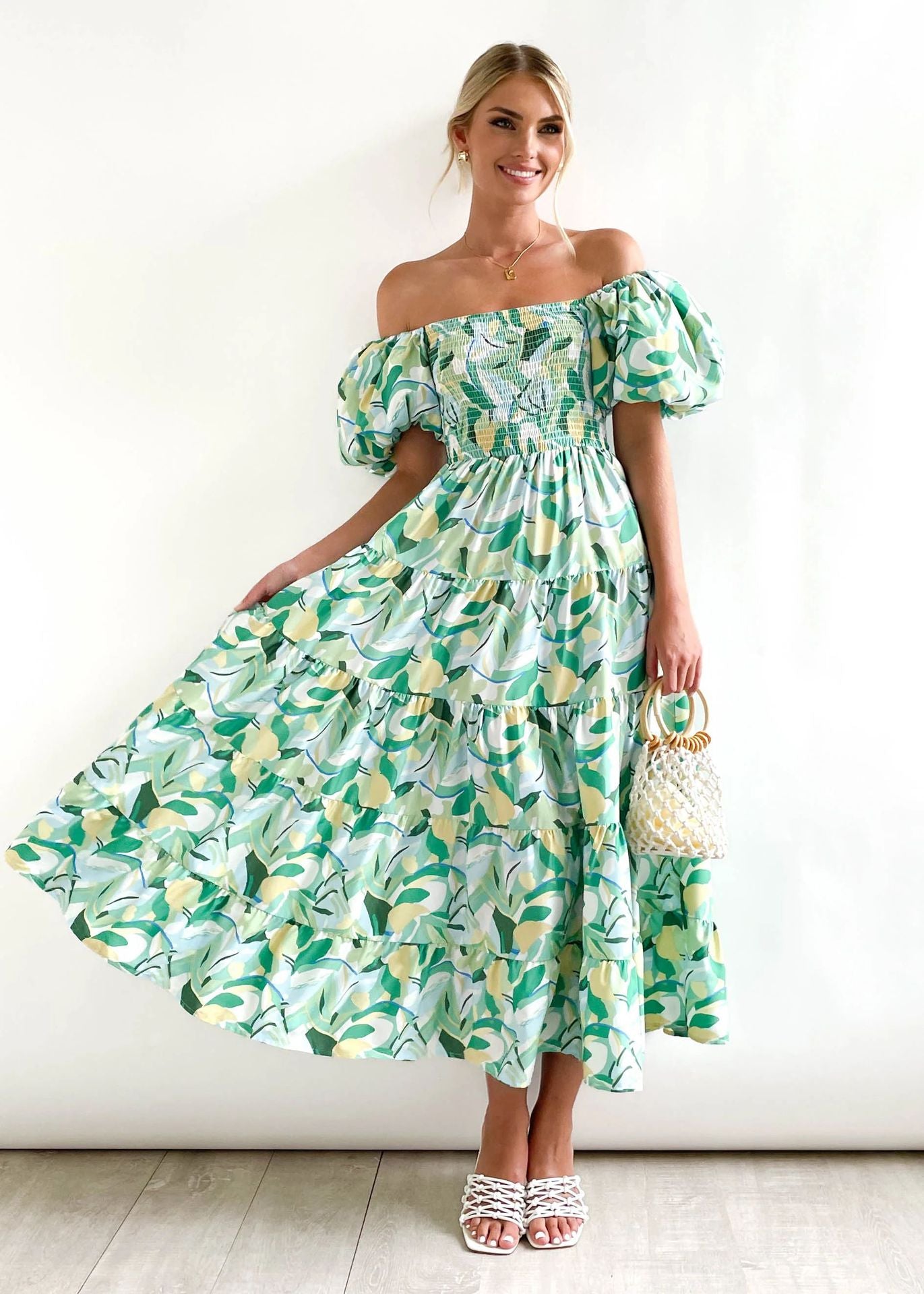 One-neck Printed Pettiskirt Puff Sleeve Dress Women