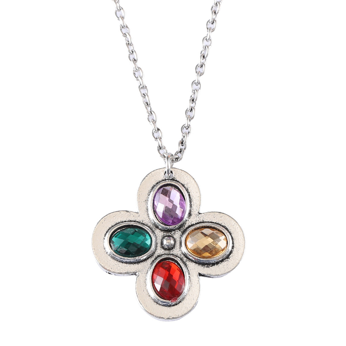 Retro Ethnic Clover Necklace with Inlaid Color Zircon | Unique Vintage-Inspired Jewelry"