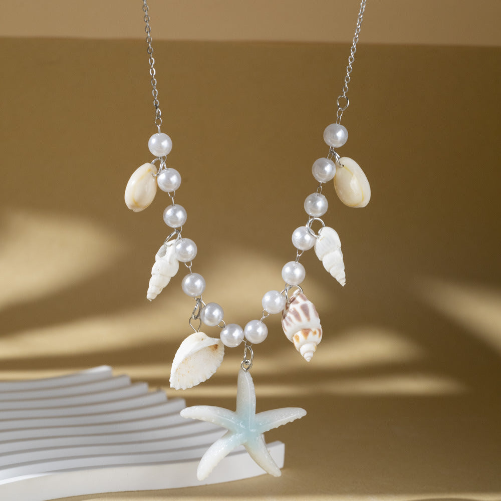 "Ocean Theme Adjustable Necklace by HAILANG Design with pearl and starfish accents – stylish and versatile accessory."