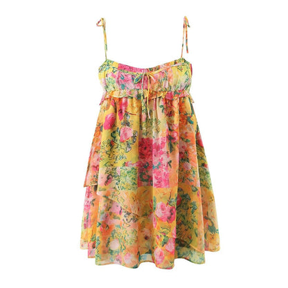 Y2K Flowers Print Suspender Dress Summer Fashion Ruffled Holiday Beach Short Dresses Womens Clothing touchydesign