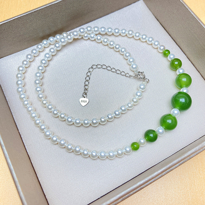 Sterling Silver Clavicle Chain White Jasper Green Chalcedony touchydesign