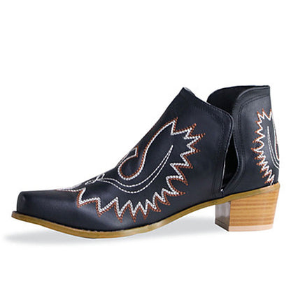 New pointed embroidered chunky heel women's pointed-toe short tube boots, featuring a stylish design with intricate embroidery and a bold, fashionable look."