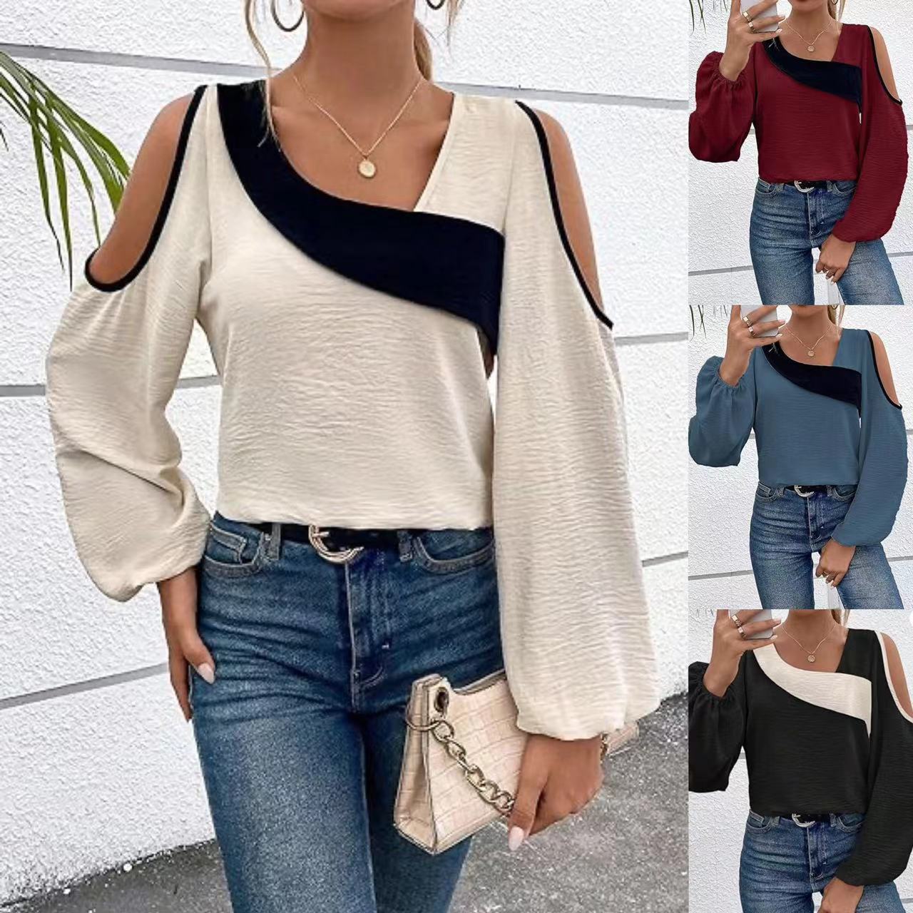 Off-the-shoulder Stitching Pullover Diagonal Collar Long Sleeve Loose Shirt touchydesign