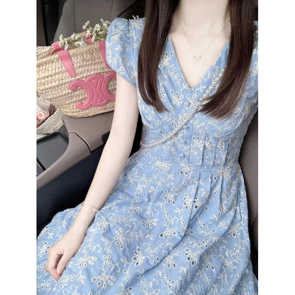 High-grade Machine Embroidery Blue Platycodon Grandiflorum French Dress touchydesign