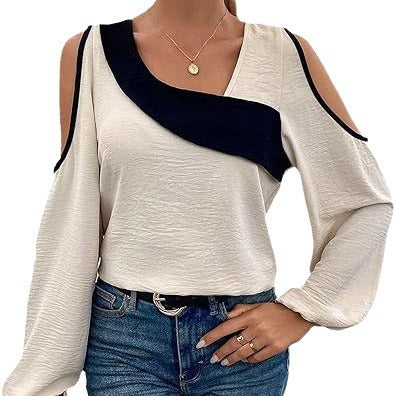 Off-the-shoulder Stitching Pullover Diagonal Collar Long Sleeve Loose Shirt touchydesign