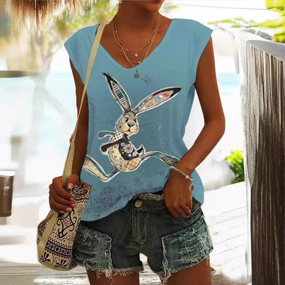 Casual Loose Floral Easter Bunny Print Sleeveless T-shirt