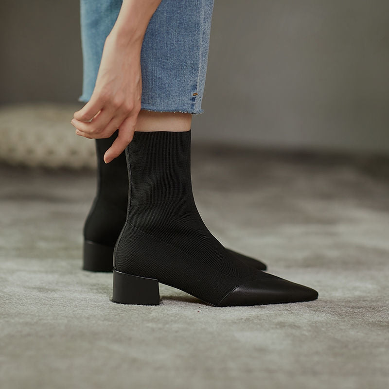 Women's Fashion Woolen Yarn Boots - Pointed Toe Chunky Heel Short Boots