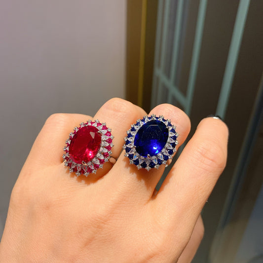 Elegant Simulation Red & Blue Gemstone Lady’s Dan-Shaped Temperament Ring