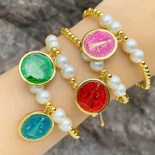 Colorful pearl bracelet with virgin pendant for women