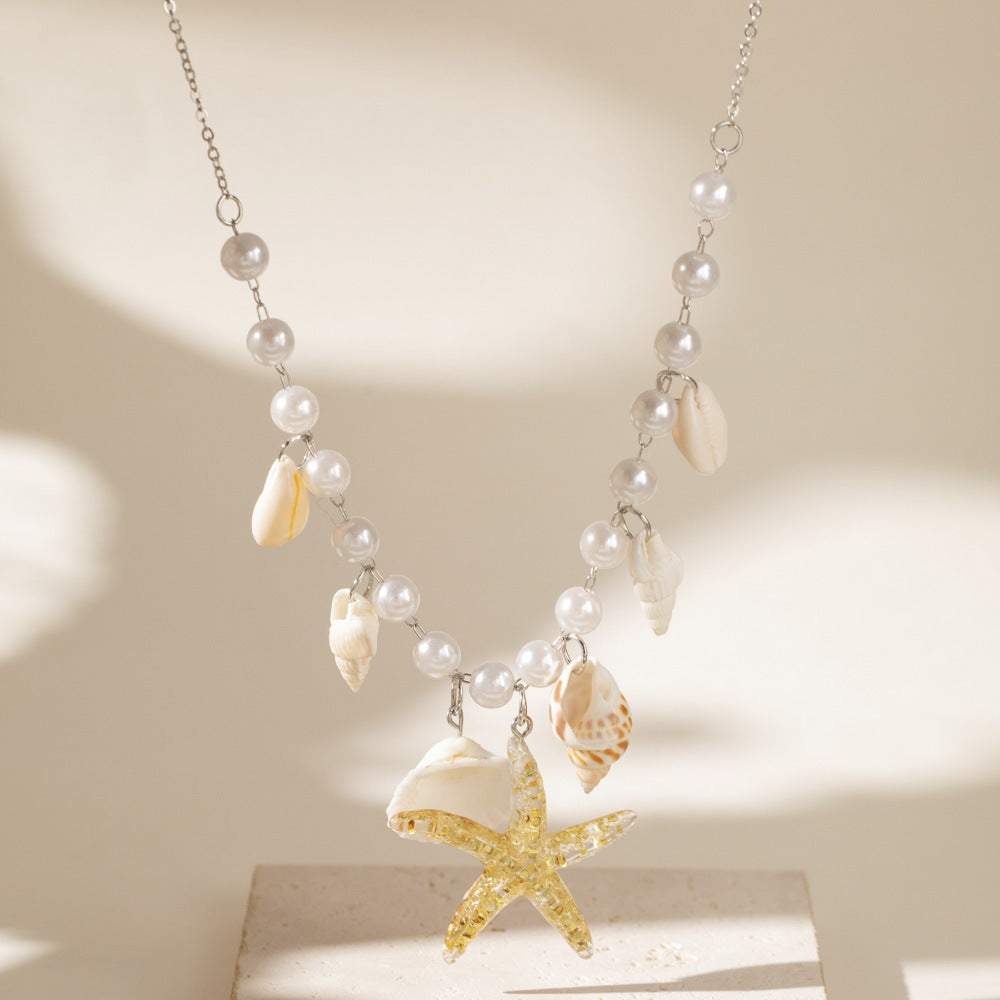 "Ocean Theme Adjustable Necklace by HAILANG Design with pearl and starfish accents – stylish and versatile accessory."