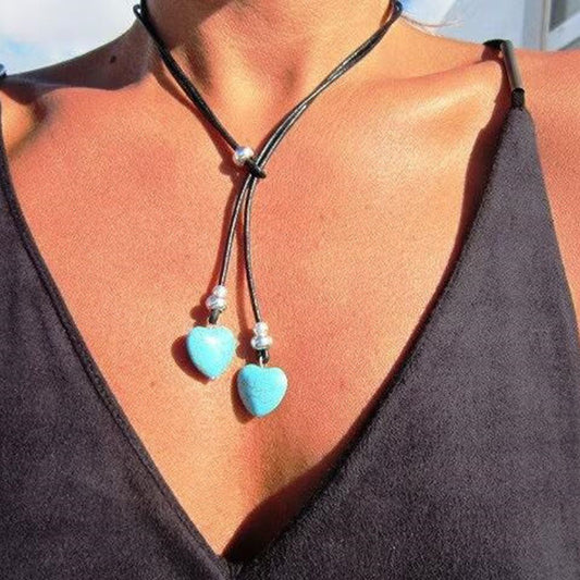 Turquoise Double Layer Flanelle Rope Necklace Artistic Retro touchydesign