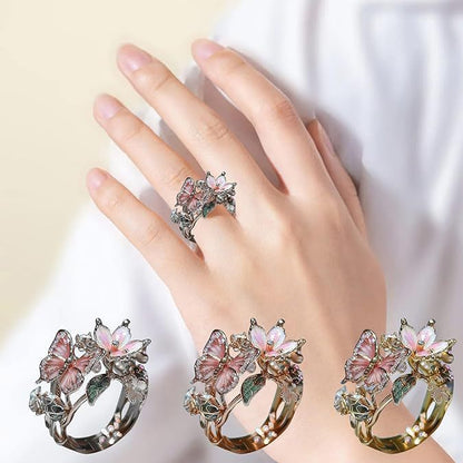 Adjustable transparent crystal butterfly and flower ring with 3D shining diamond and gold plating for women