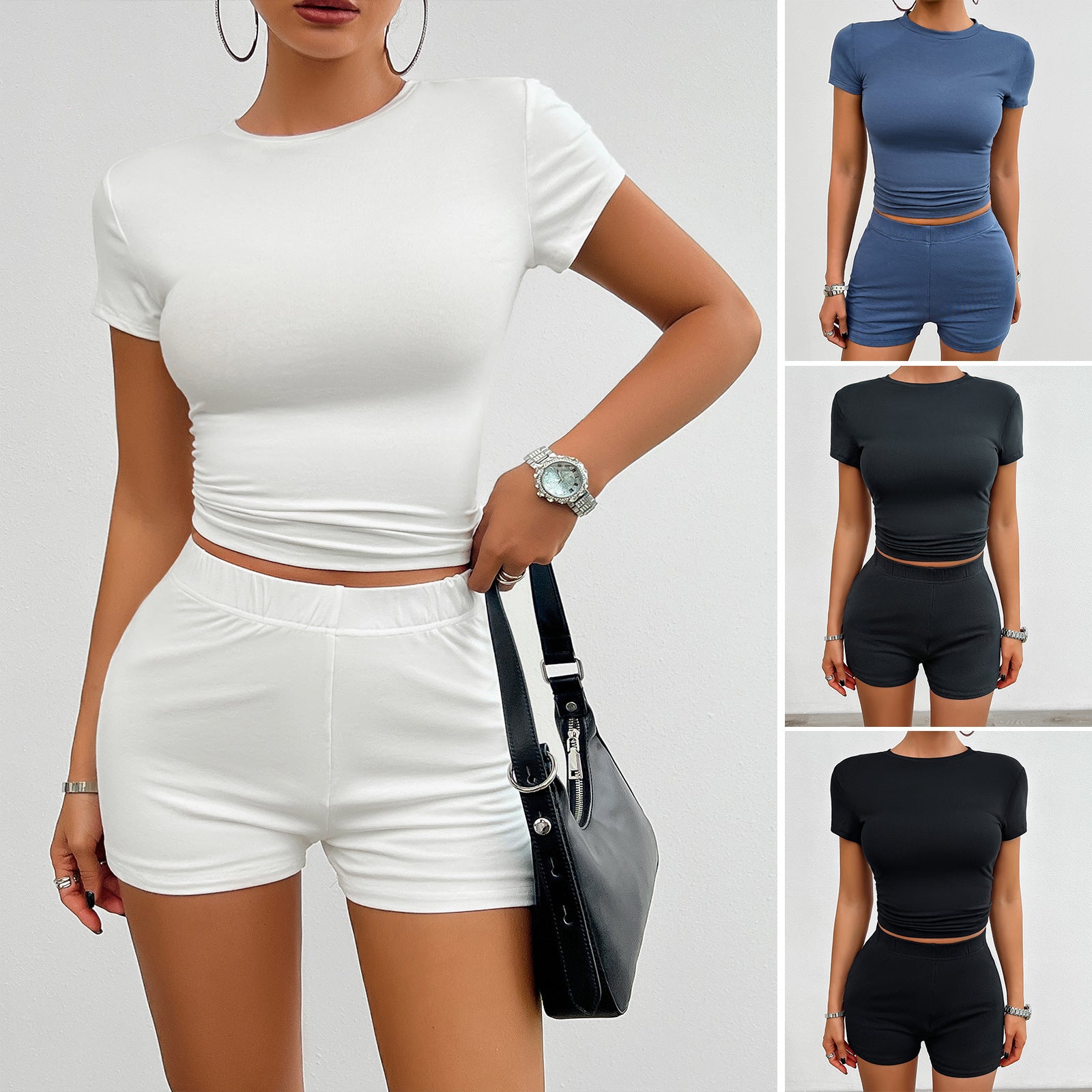 Solid Color Slim Sports Suit Summer 2Pcs Short-sleeved Round Neck T-shirt And Elastic Shorts Fashion Womens Clothing touchydesign