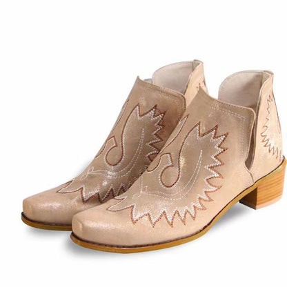 New pointed embroidered chunky heel women's pointed-toe short tube boots, featuring a stylish design with intricate embroidery and a bold, fashionable look."