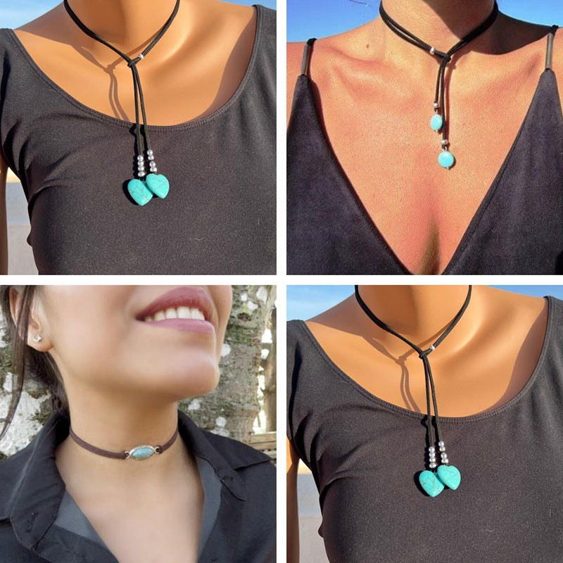 Turquoise Double Layer Flanelle Rope Necklace Artistic Retro touchydesign