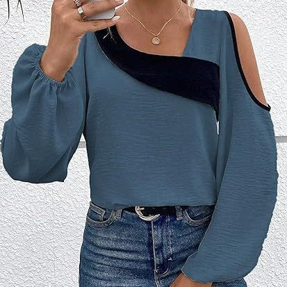 Off-the-shoulder Stitching Pullover Diagonal Collar Long Sleeve Loose Shirt touchydesign