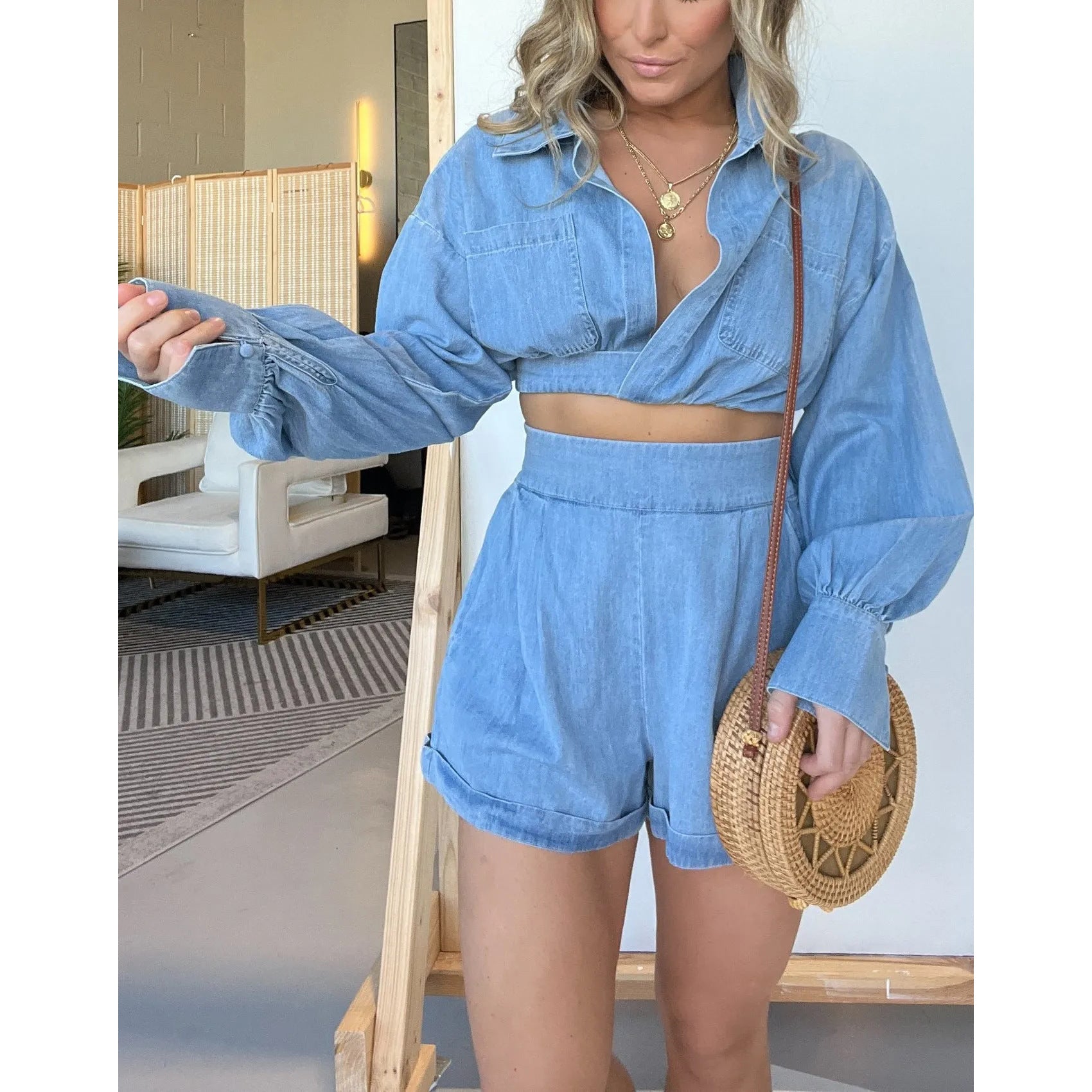 Women's Fashion Denim Shirt - Deep V Neck Long Sleeve Suit Top