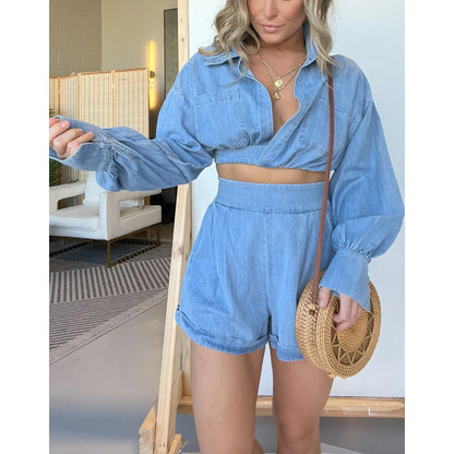 Women's Fashion Denim Shirt - Deep V Neck Long Sleeve Suit Top