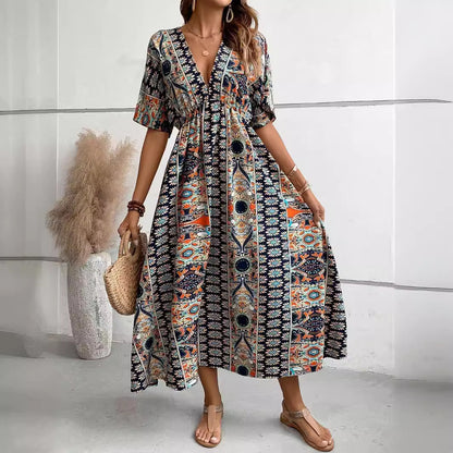 Fashion Full Printing Batwing Sleeve V-neck Dress