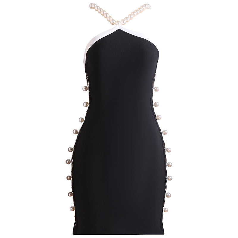 Sexy Halter Dress Heavy Industry Pearl Hollowed-out Slim-fit Sheath Off-shoulder touchydesign