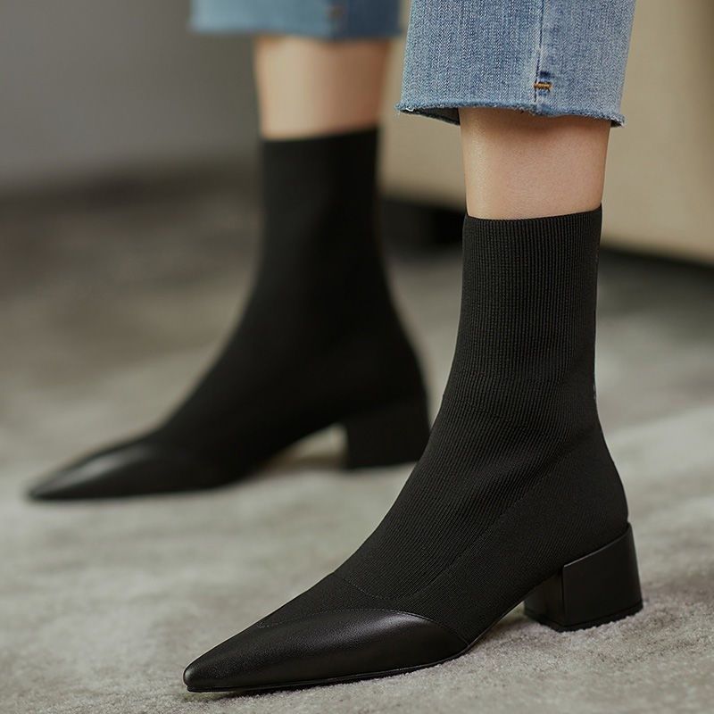 Women's Fashion Woolen Yarn Boots - Pointed Toe Chunky Heel Short Boots