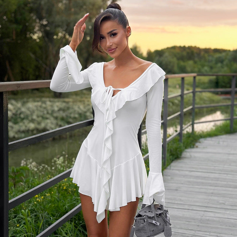 Ruffled Pointed Collar Rope Bell Sleeve Dress