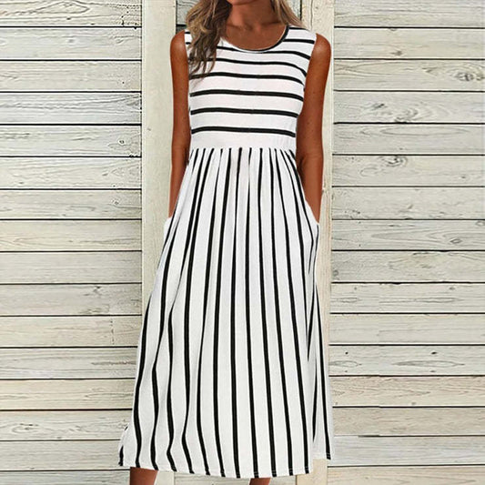 Striped Printed Round Neck Sleeveless Pocket Dress Women touchydesign