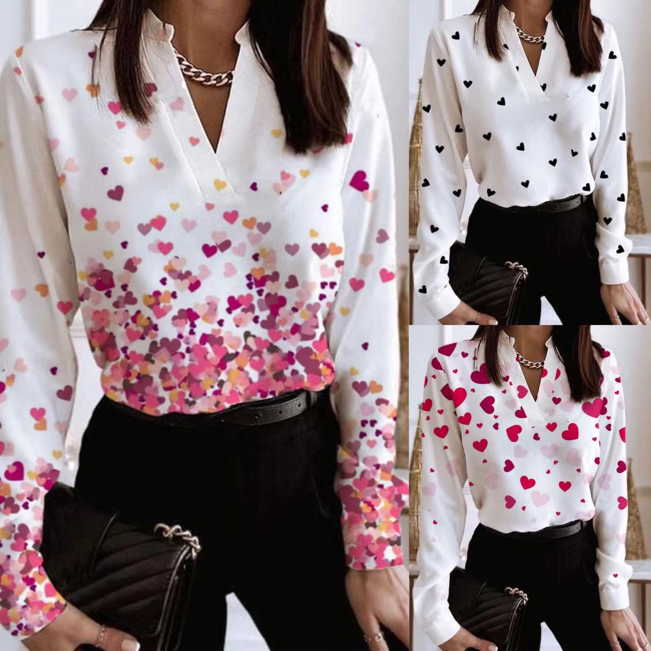 Women's Casual Long-sleeved V-neck Heart Printing Shirt