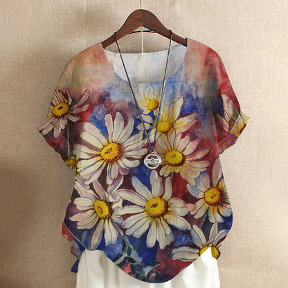 Short-sleeved T-shirt Flower And Plant Painting Printed Women's Loose Top