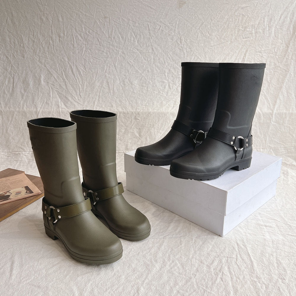 Below the knee buckle knight boots for women, featuring a stylish design and waterproof construction, perfect for versatile and fashionable footwear