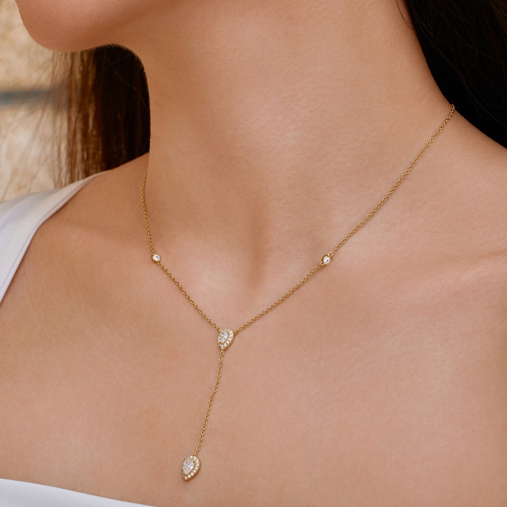 Silver S925 White Pear-shaped Water Drop Round Zirconium Inlaid Exquisite Design Clavicle Chain Necklace touchydesign