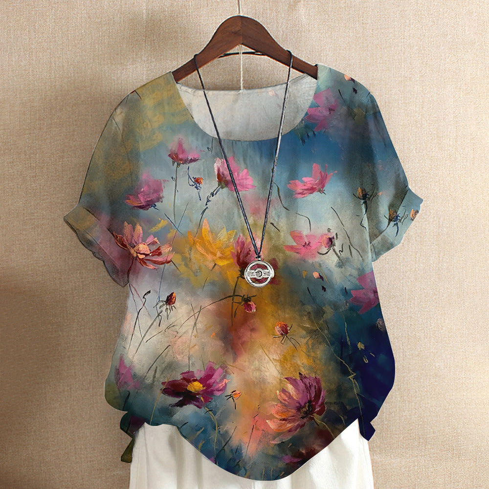 Short-sleeved T-shirt Flower And Plant Painting Printed Women's Loose Top